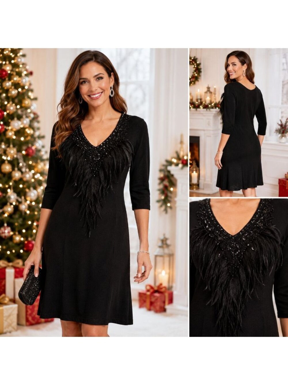 VTG Nanette Lepore Merino Wool Dress Black Feather Embellished Boho Size L
